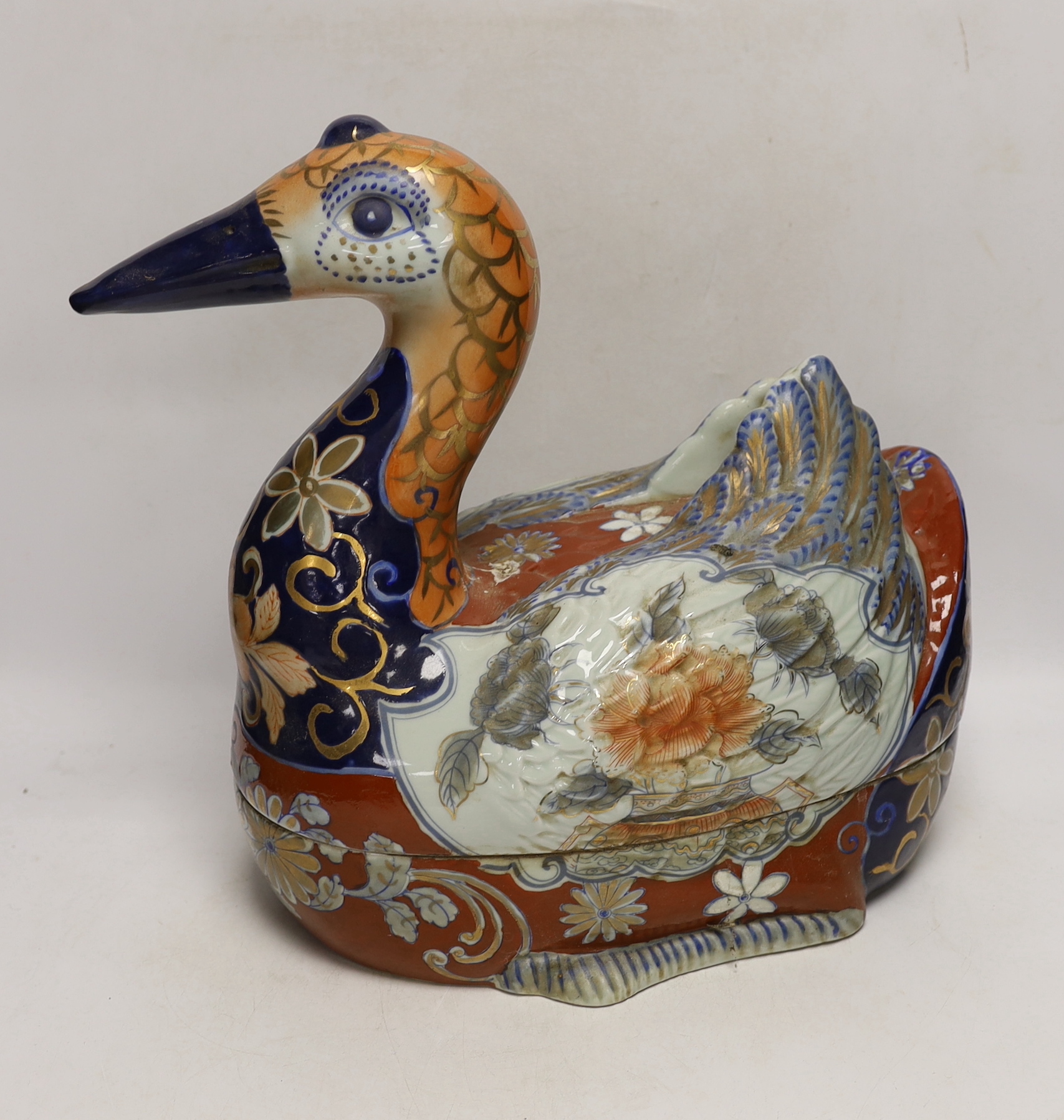 Two Imari style duck tureens and covers, 34cm high